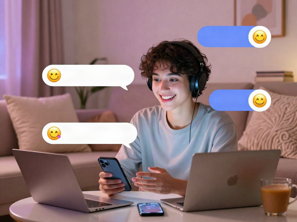 Engaging sex chat ai interaction in a cozy setting with playful emojis and a relaxed atmosphere.