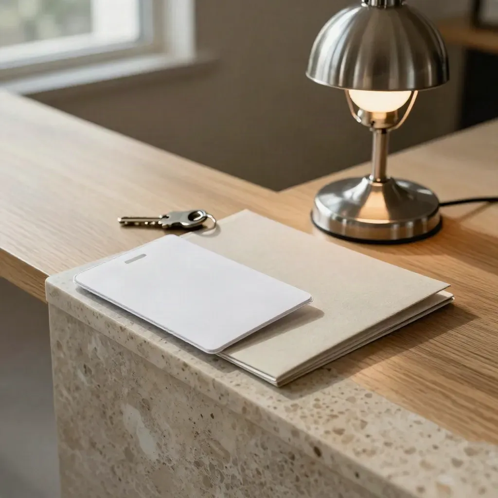 Macro of an onboarding station with keycard sleeve, folder, lamp and entry bench on travertine.