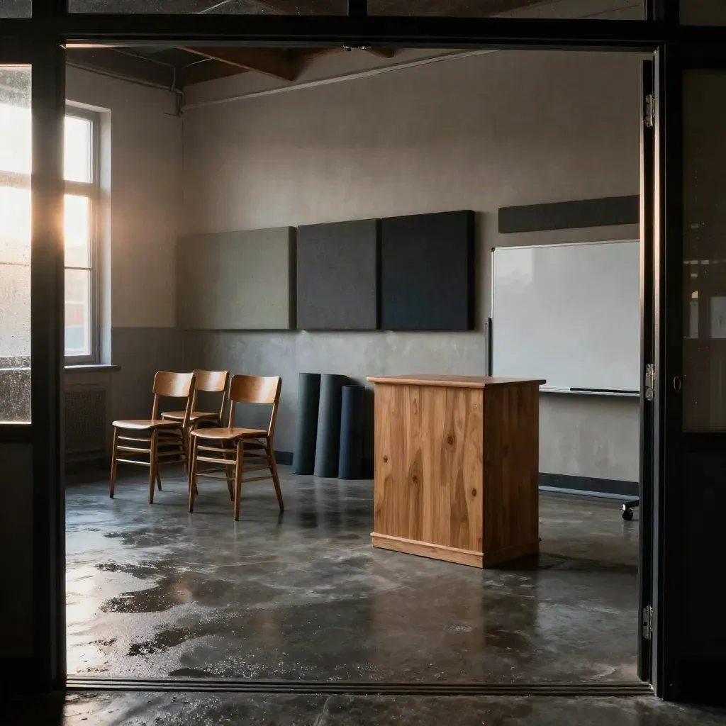 Rain-lit training loft with chairs, board, mats and timber plinth in cinematic dawn light