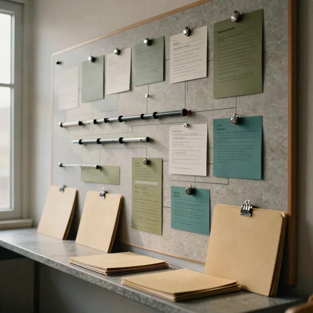 Magnetic planning wall with action blocks, teal markers and folders on stone ledge