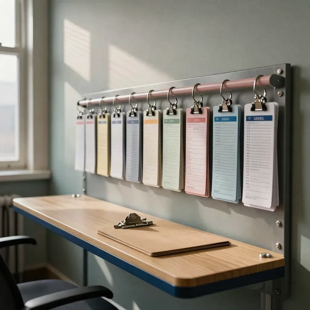 Empty Leeds training station with checklist clipboard, status cards and shift rack in warm window light.