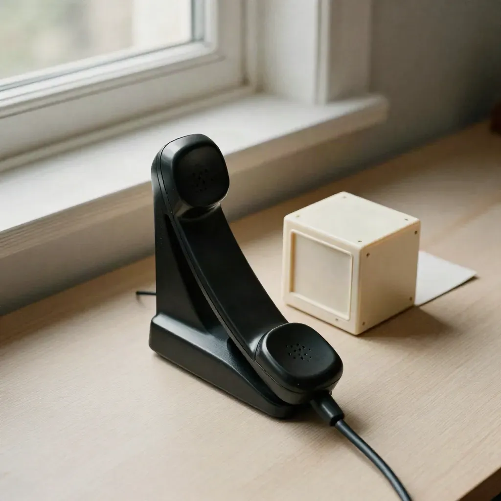 Black handset in cradle with calendar cube and appointment token on pale wood