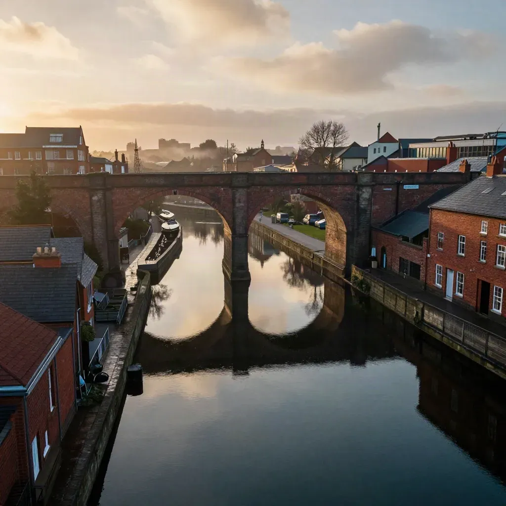 Golden-hour Manchester canals, brick viaducts, and a softened skyline in North West England