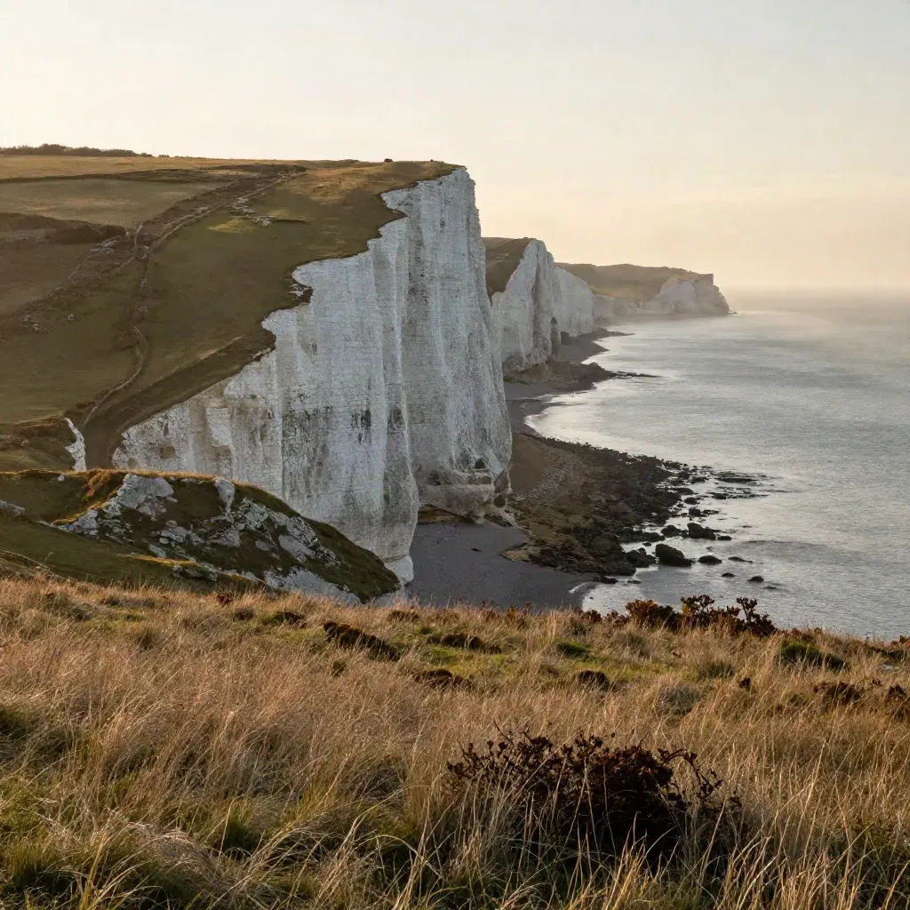 Chalk cliffs and rolling South Downs above a misty pale sea at golden hour